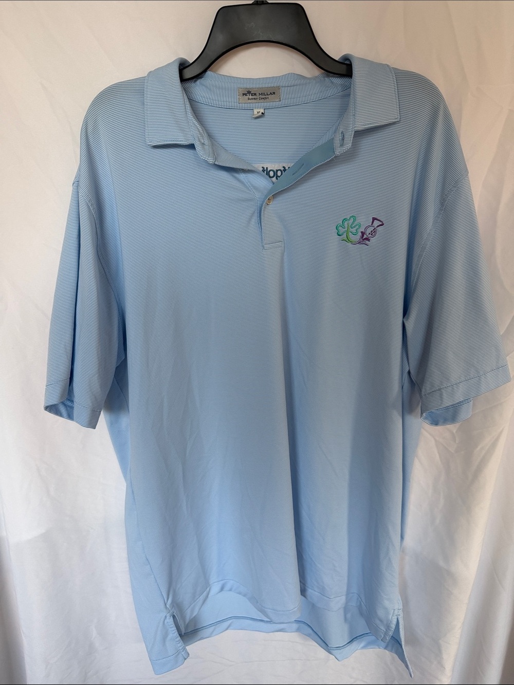 Peter Millar Light Blue striped golf Polo with golf Embroidery